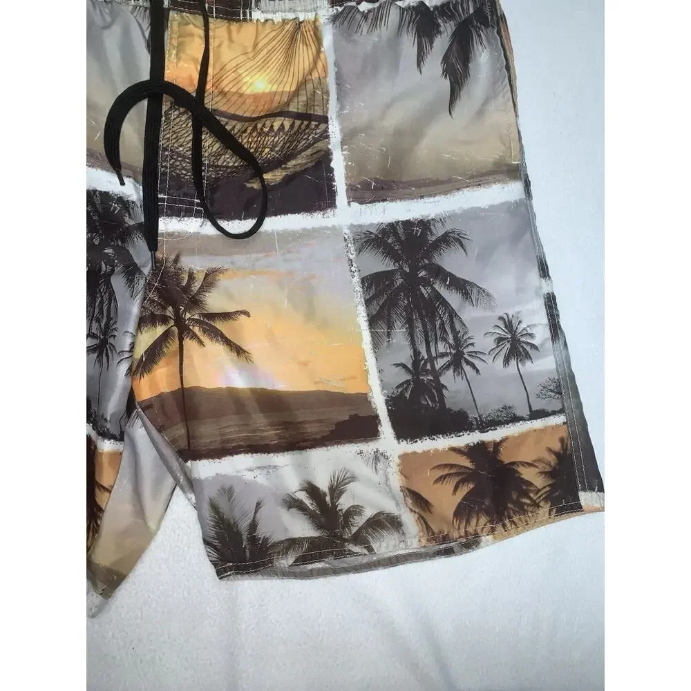 L No Bad Days Cargo Swim Trunks Orange Beige Brown Tropical Print Mens READ